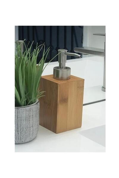 abnturk Doğal Bambu Sıvı Sabunluk Ahşap Pompalı Sabunluk 18cm