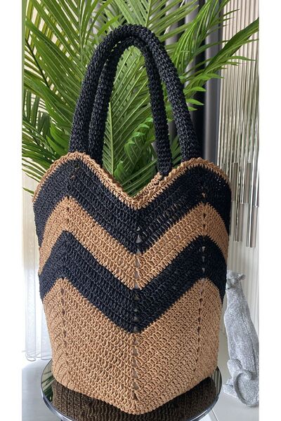 WOMANBAG El Yapımı Iki Renk Hasır Büyük Boy Plaj Çantası(55X50CM)