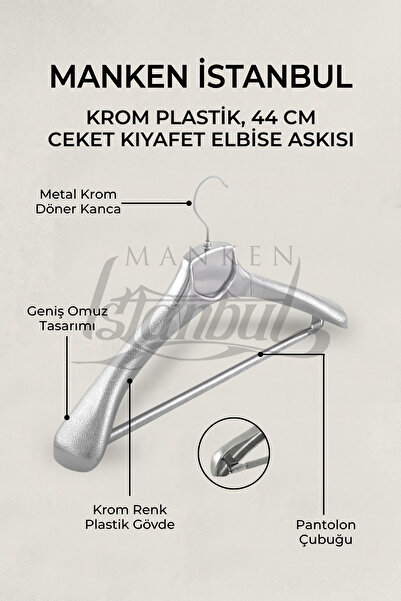 Manken İstanbul 10 Adet Plastik Krom Renk Yüksek Kalite Ceket Askısı,elbise A...