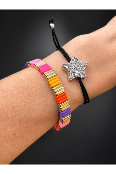 ByMerve Bym088 Colorful Domino Bracelet Gold Detailed Flexible Anti Allergic Women's Bracelet