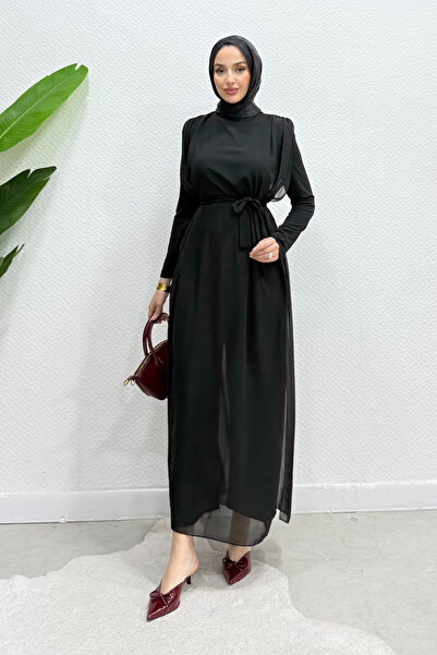Tesettür Diyarı Women's Mobile Belted Chiffon Long Jumpsuit Dress - Black