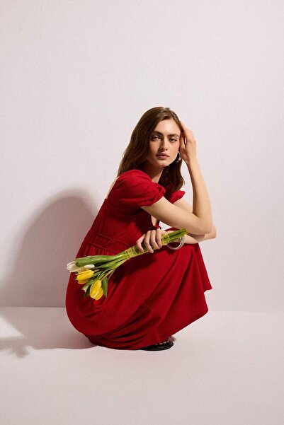 DeFacto Square Neck Short Sleeve Midi Dress H7097Ax26Sm