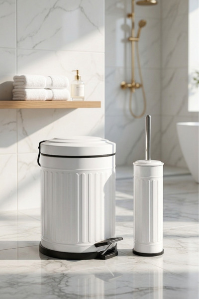 Yufira Life 5 Lt Çizgili Vintage Yavaş Kapanan Pedallı Beyaz Çöp Kovası ve WC...