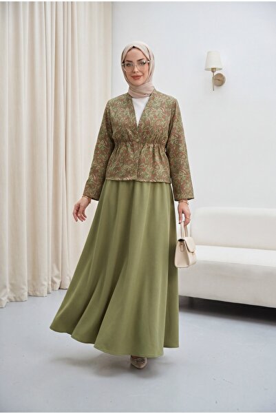 Modamorfo V-Neck, Gathered Waist, Single Button, Patterned Dabıl Suit - Khaki
