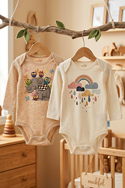 MAHFEL Pack of 2 Organic "Elephant-Rainbow" Printed Long Sleeve Baby Bodysuit