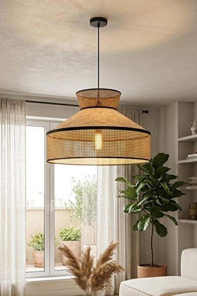 Reyo Nubu Doğal Hazeranlı & Fildişi Hasır Kadife Kumaş Avize 50x35 Cm