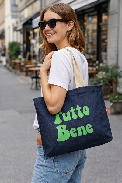 Faralya Life %100 Pamuk Çıtçıtlı Çift Cepli Mavi Denim Çanta Yeşil Baskılı Kadın Çanta 52x42 cm 60 cm Sap Uzunluğu