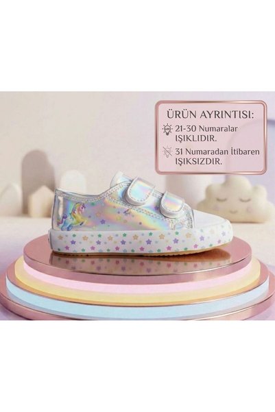 Papuctime Günlük Kullanım Işıklı Hologramlı Unicorn Desenli Kız Çocuk Spor Sneaker Ayakkabı