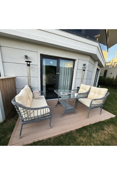 Tu Tienda KAŞ GALVANİZLİ 2+1+1+SEHPA BAHÇE BALKON MOBİLYASI,GRİ RATTAN/KREM K...