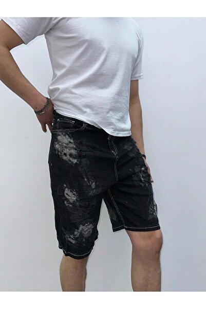 HerTon Casual Fit Eskitme Desenli Siyah Kot Şort