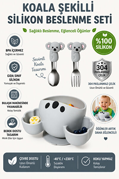 jojobebek Gray Kualo Premium Children's Vacuum Silicone Feeding Bowl, Stainle...