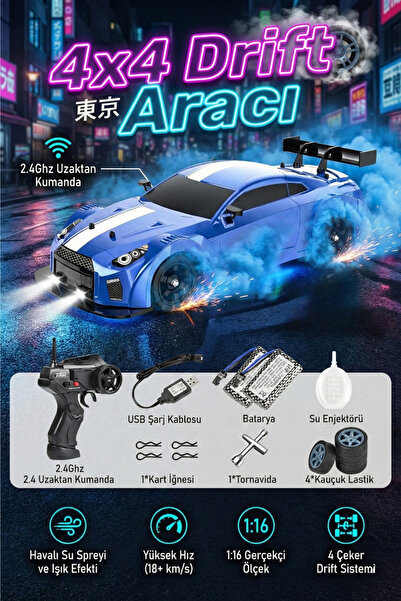 craftivio Uzaktan Kumandalı 4x4 RC Drift Arabası Işıklı Buhar Efektli Duman A...