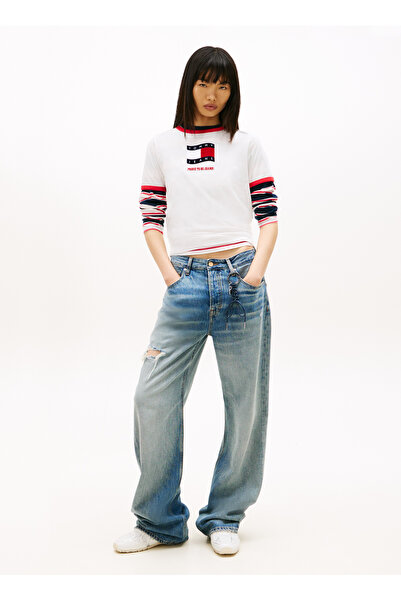 Tommy Jeans Ekru Kadın T-Shirt TJW REG NOVELTY RINGER EXT