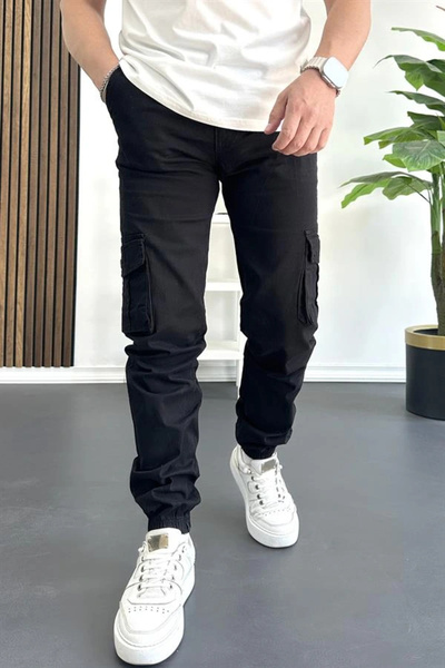 Edwox Pantaloni pentru bărbați cu buzunare cargo cu picior elastic, negri Edw353