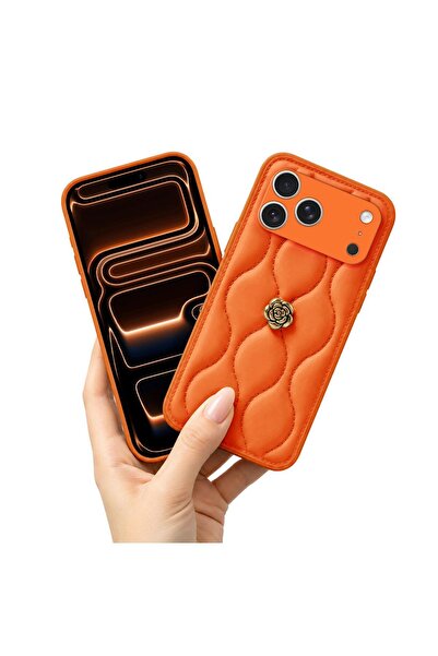 Pro Aksesuar Apple iPhone 17 Pro Max Uyumlu Kılıf Çiçekli Dalgalı Deri Kılıf Turuncu
