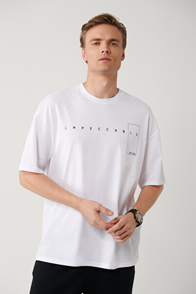 Avva Men's White 100% Cotton Crew Neck Printed Oversize Fit T-Shirt A41Y1157