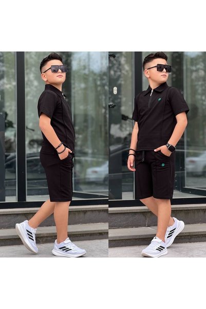 Lucky kidswear YAKALI ŞORTLU YONCA NAKIŞ DETAYLI ERKEK ALT ÜST TAKIM