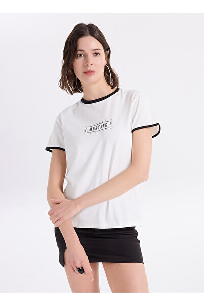 Mustang Ekru Kadın Relaxed Baskılı T-Shirt M6SL-TST1241