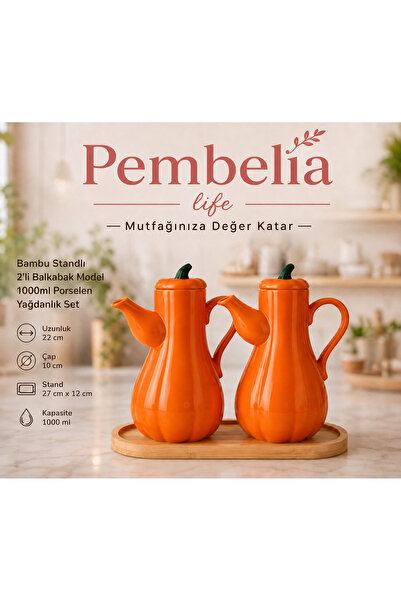Pembelia Life Bambu Standlı 2’li Porselen Turuncu Bal Kabak Model Yağdanlık S...