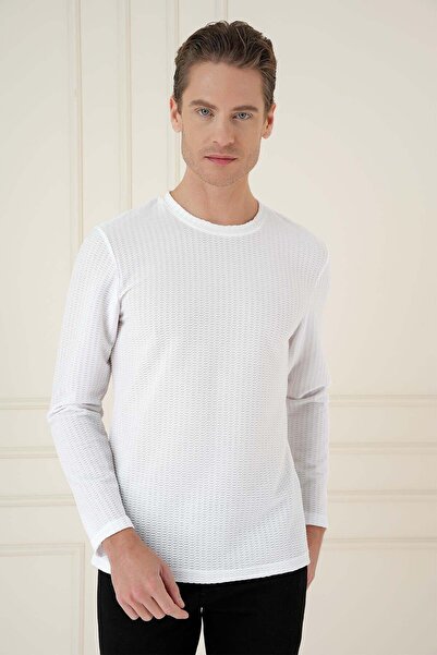 Efor Slim Fit Pamuklu Petek Dokuma Uzun Kollu Polo Yaka Beyaz Tişört TS 891
