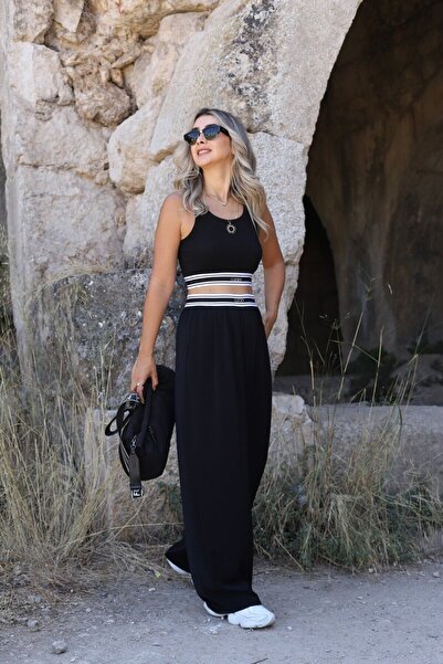 bytugcekaya Black Striped Rubber Detailed Blouse and Pants Set