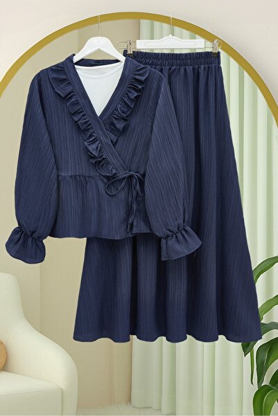 Modamorfo Set kimono cu guler cu volane și fustă cu legătură în față - bleumarin