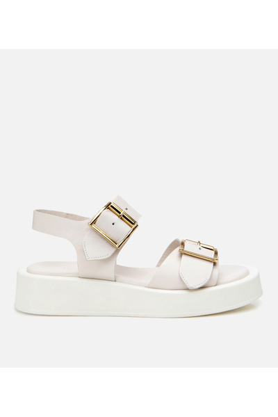 Hotiç Women's Leather Ecru Belted Flat Sandals