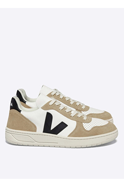 VEJA Bej Beyaz Siyah Erkek Deri Sneaker V-10 Chromefree Leather