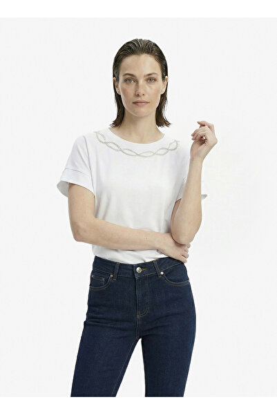 Fabrika Bisiklet Yaka Payetli Kırık Beyaz Kadın T-Shirt F6SL-TST0279