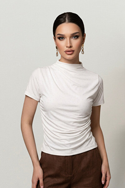 AKD Atelier Tricou de damă cu mânecă scurtă, cu aplicații de strasuri, din țe...