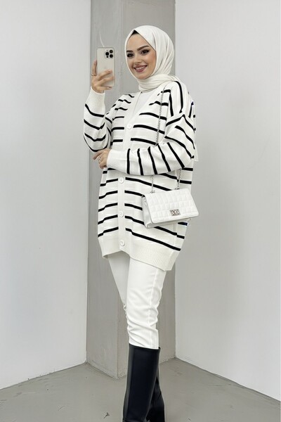 Modamorfo Striped Buttoned V-Neck Knitwear Cardigan -Ecru