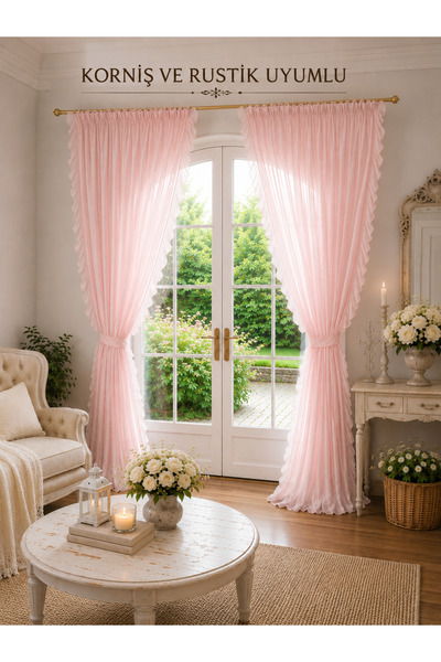 perde plus Ruffled Linen Tulle Curtain / Single Panel / Cornice and Rustic Co...
