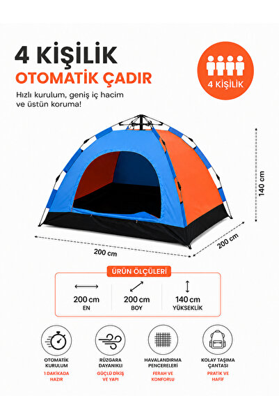 Realx 4 Kişilik Tam Otomatik Kurulum Kamp Çadırı 200 X 200 X 140 Cm