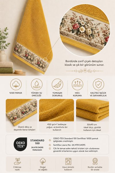 Ellaline FIORE 4-piece Towel Set 100% Cotton Certified, Floral Print Hand / Face / Kitchen Towel 50x90cm