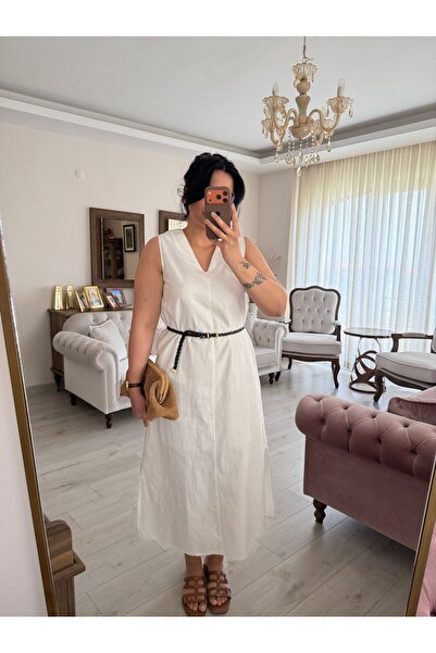 bussrabutik فستان بفتحة رقبة على شكل حرف V من القطن الكتان مع حزام