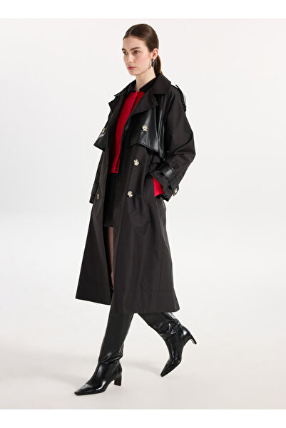 2wins Siyah Kadın Regular Fit Yazı Baskılı Trençkot Ciao Trenchcoat