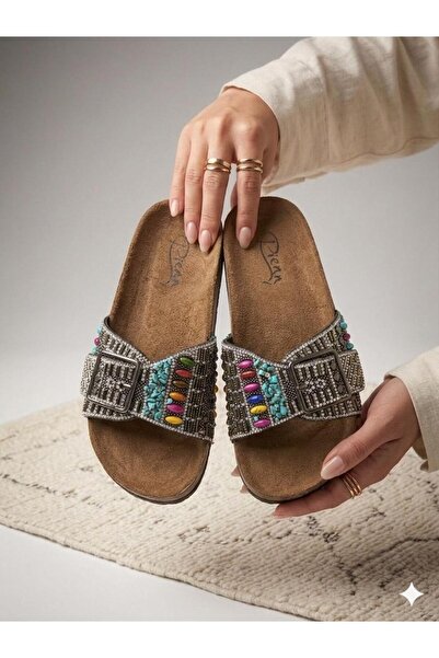 PLN SHOES Pienn 20050 Pedli Anatomik Rahat Taşlı Boncuklu Kadın Terlik
