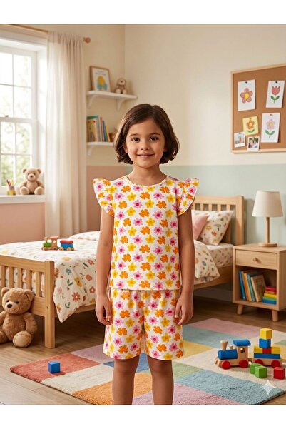 tusem butik homewear Κοριτσίστικο βαμβακερό σετ πιτζάμες με λευκό πορτοκαλί λ...