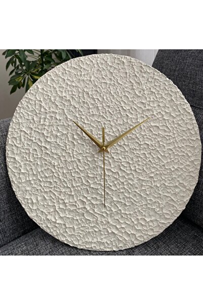 Saatnâme Dokulu El Yapımı Minimal Beyaz Dekoratif Duvar Saati 35x35 cm - Sess...