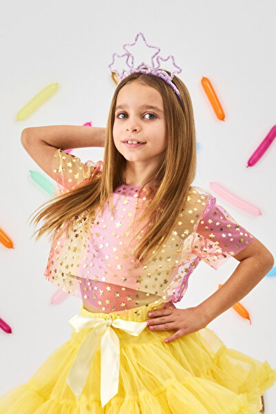 Le Mabelle Yellow Star Printed Short Sleeve Girls' Tulle Crop Top