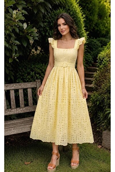 Dilek Vardar Yellow Square Collar Belted Embroidered Midi Dress