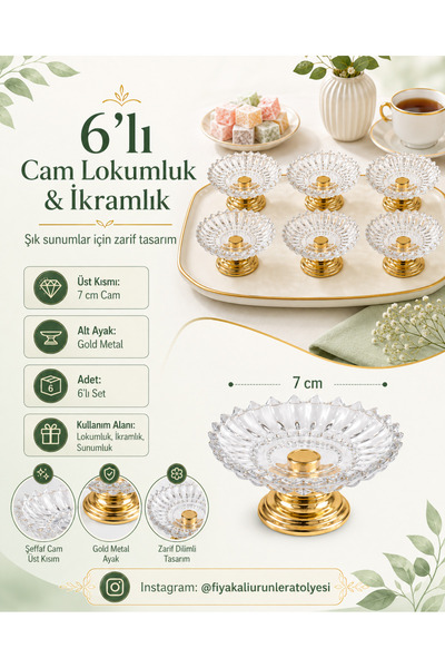 Fiyakalı Ürünler Atölyesi 6'lı Mini Gold Metal Ayaklı Camlı Lokumluk, Kahve Y...