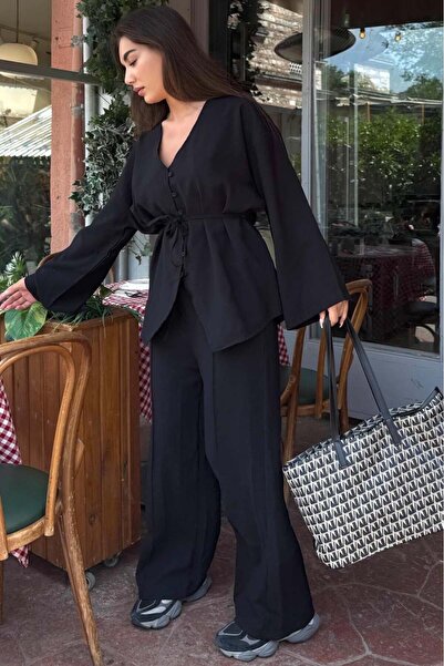 Madmext Black V-Neck Buttoned Belted Double Modal Women's Suit Mg2619