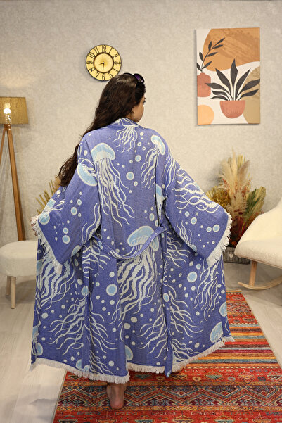 Befera Design Müslin Kimono %100 Pamuklu Denizanası Desenli Jakarlı Bornoz Ka...