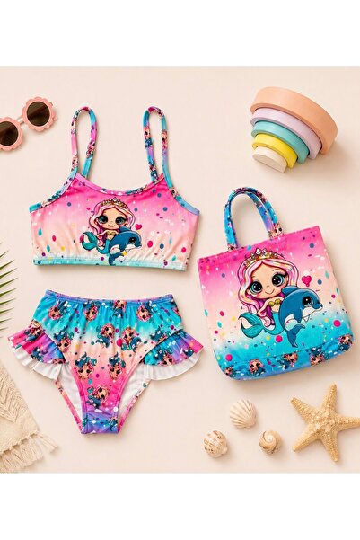 Lolliboomkids Kız Çocuk Deniz Kızı - Yunus Baskı Desen Plaj Çantalı Bikini Ta...