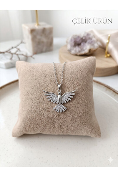 NAS fashion Women's Stone Detailed Silver Phoenix Steel Necklace