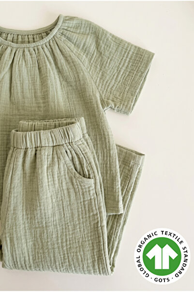 Cotton Trips Müslin Palazzo Pantolon Dökümlü Bluz Takım 2-7 Yeşil