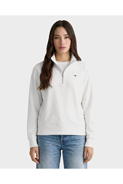 Gant Kadın Beyaz Relaxed Fit Yarım Fermuarlı Logolu Sweatshirt