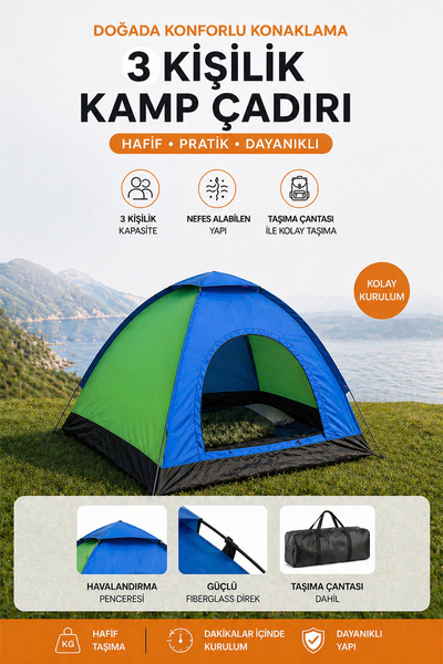 Onetick Kamp Çadırı 3 Kişilik Dayanıklı Kolay Kurulum Renkli 200x150x110