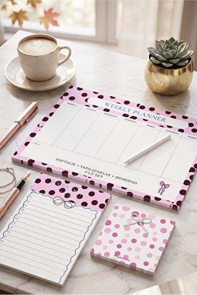 pnkycrco Puantiye Desenli Polka Dots 3'lü Planlama Seti | A4 Haftalık Planlay...